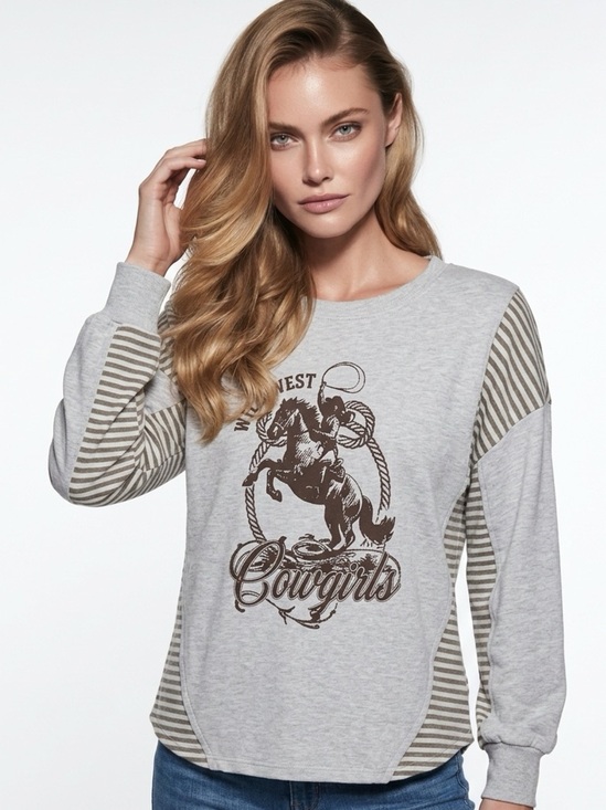 New Me Tops - Cowgirls western Wild West rodeo long sleeve top tee striped w balloon sleeve​